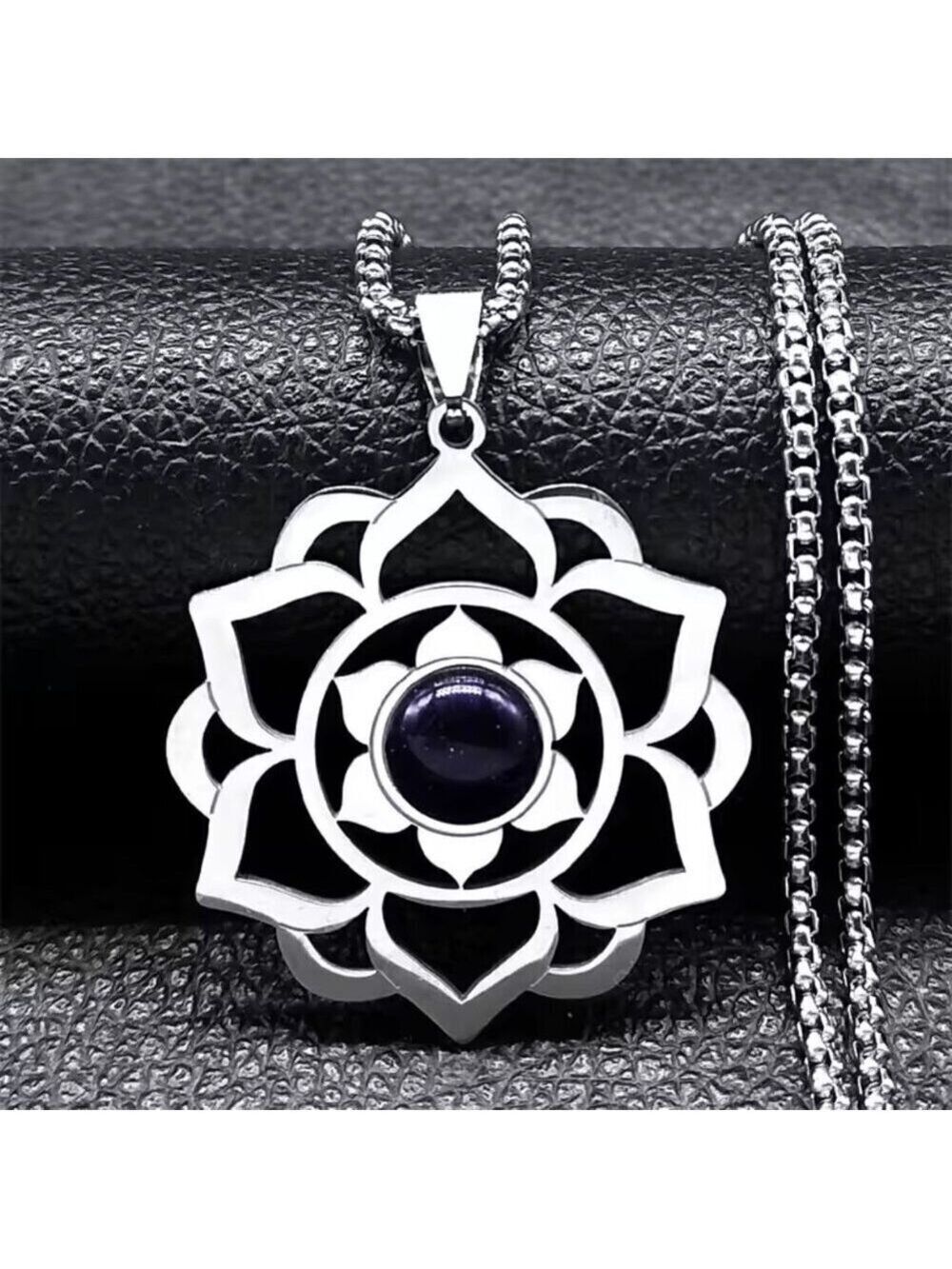 Spiritual Lotus Pendant Necklace with Moonstone - Stainless Steel 20" #1533